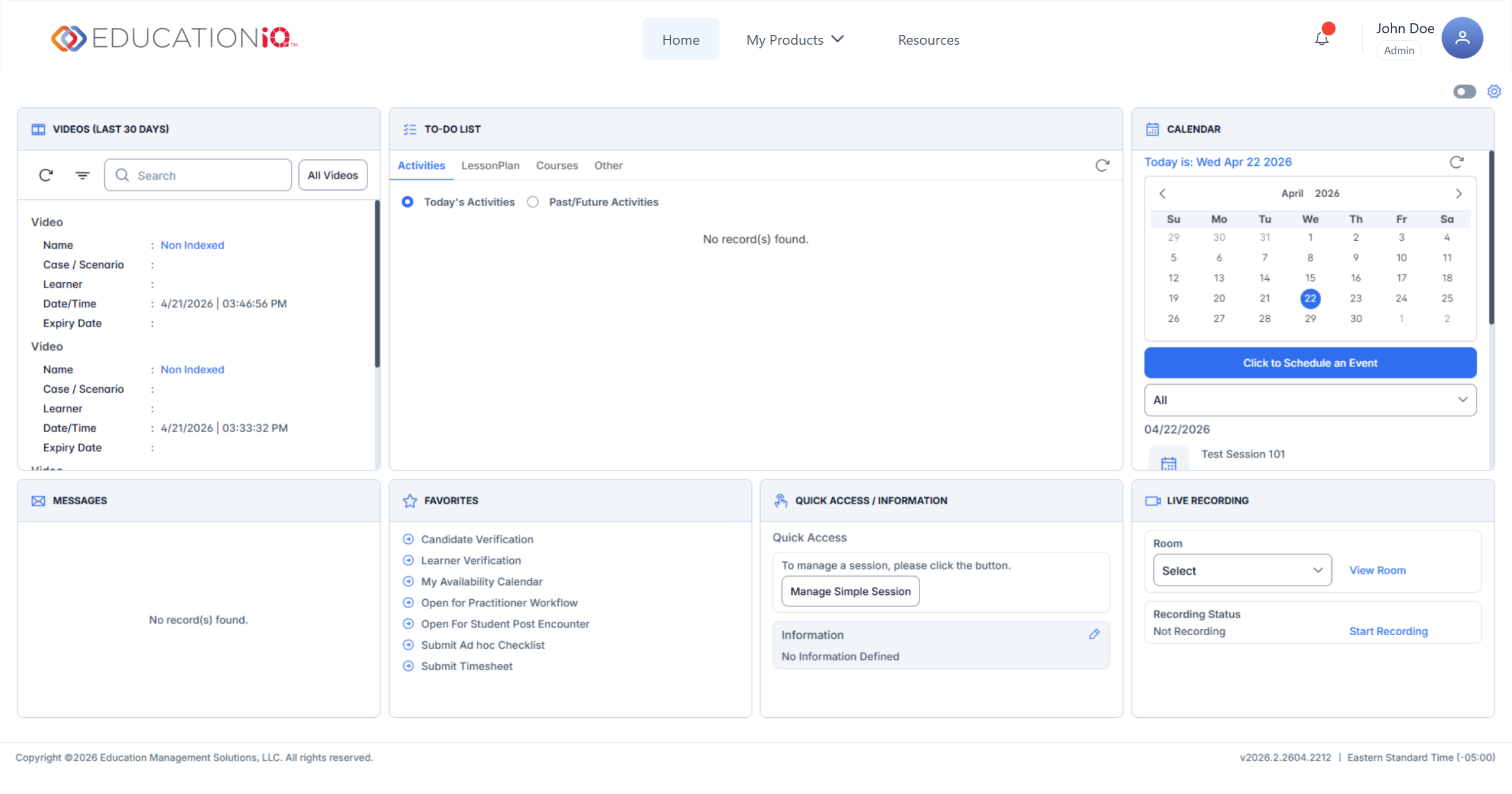Company dashboard with multiple widgets: Videos, To-Do List, Calendar, Messages, Favorites, Quick Access, and Live Recording panels.