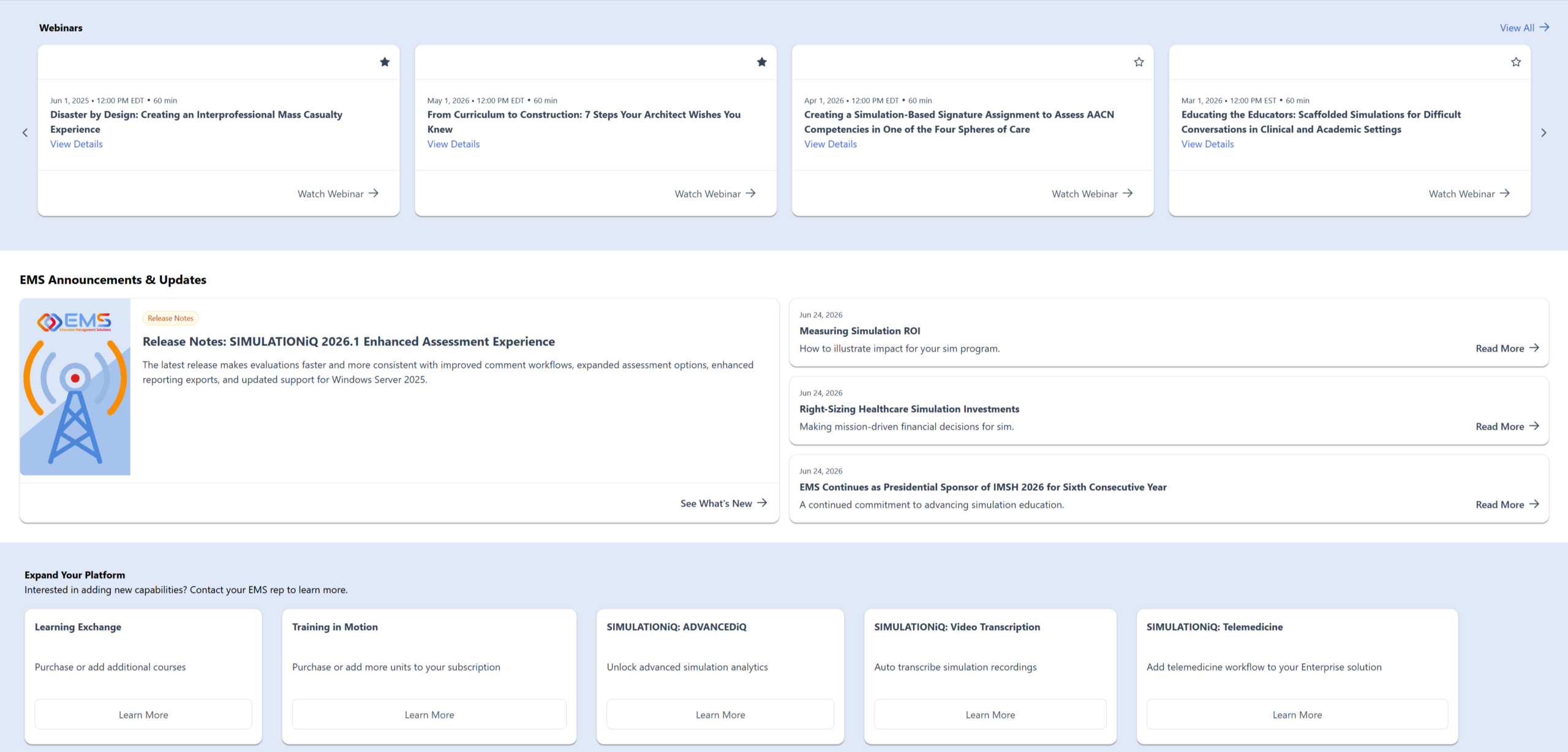 Dashboard overview: top row of webinar cards, followed by EMS announcements and multiple content cards including a release notes feature with a left-side image.