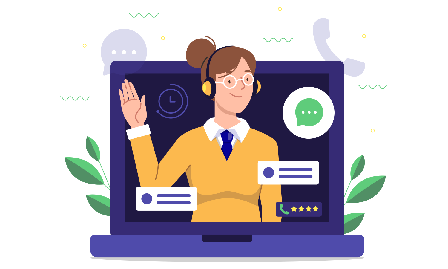 Support agent in headset on laptop screen waving, with chat bubbles and rating stars to show live customer support service.