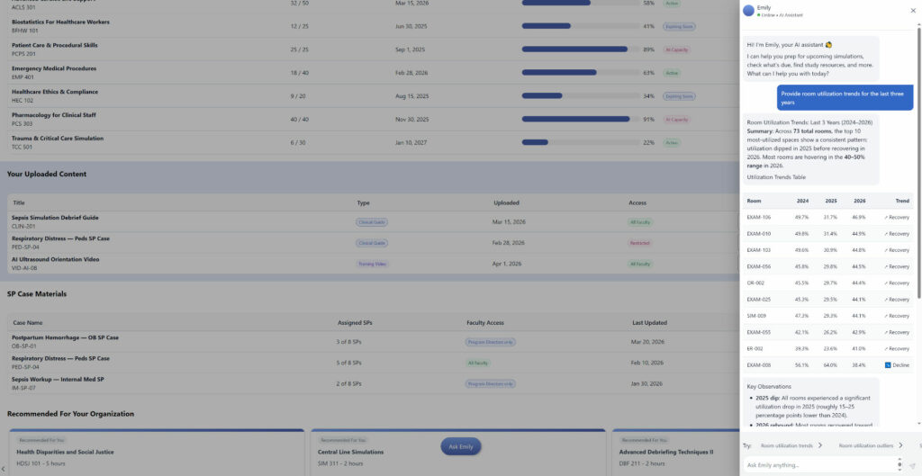 Course dashboard with progress bars on the left and a chat assistant panel with Emily on the right.