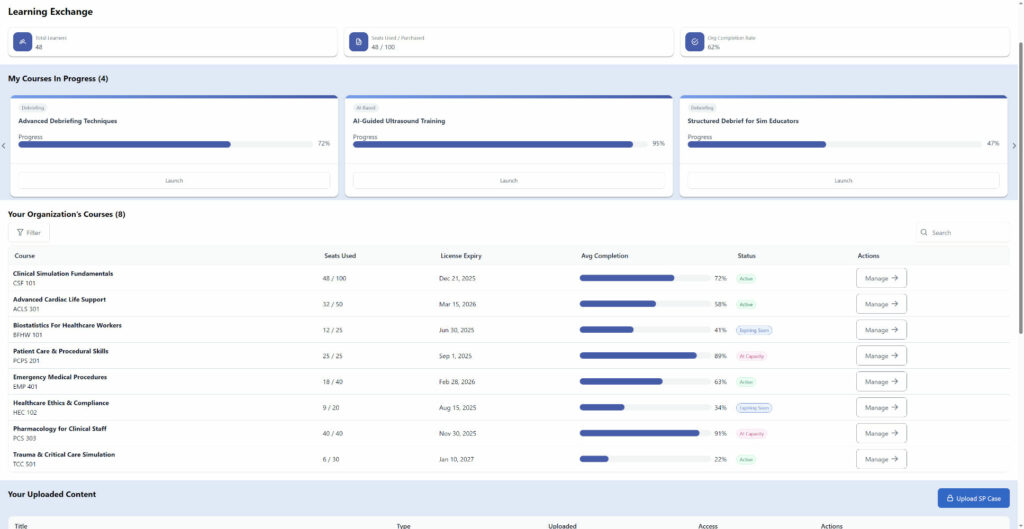 Learning Exchange dashboard with progress cards and a list of organization courses and statuses (progress, seats, and expiration). 💡