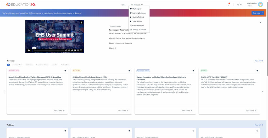 EducationIQ header with navigation and user avatar; left-aligned EMS User Summit video thumbnail on a white page background.