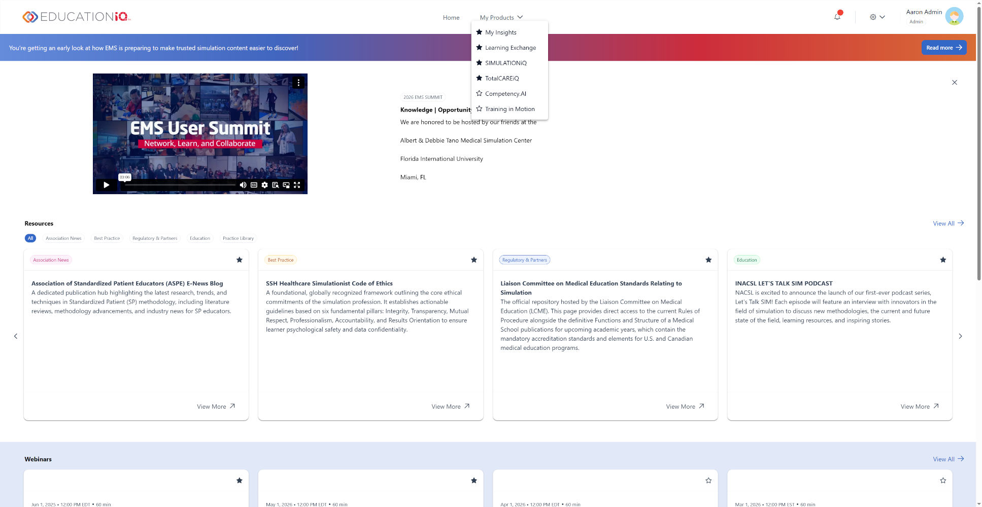 EducationIQ header with navigation and user avatar; left-aligned EMS User Summit video thumbnail on a white page background.