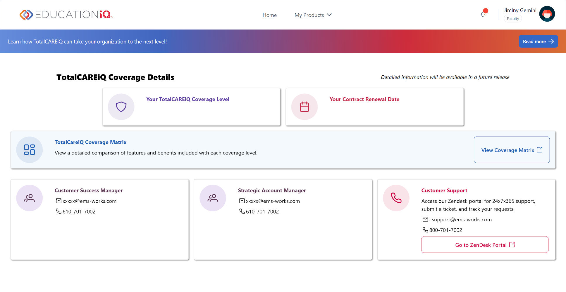 TotalCAREiQ Coverage Details page showing two top summary cards (coverage level and renewal date), a large Coverage Matrix banner with a View Coverage Matrix button, and three staff/support cards below.