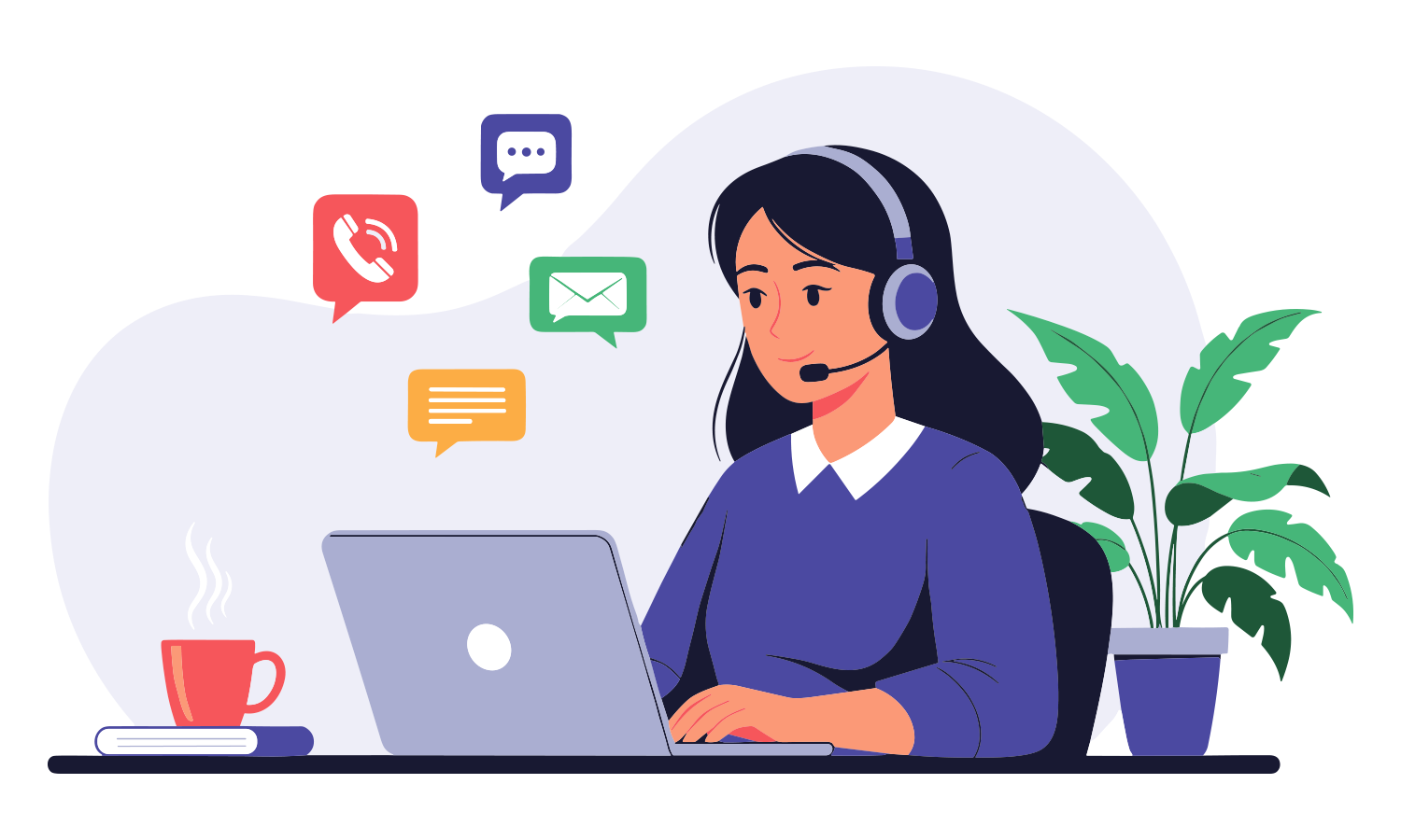 Customer support agent with headset working at a laptop, with floating chat icons, a coffee mug, and a plant nearby.