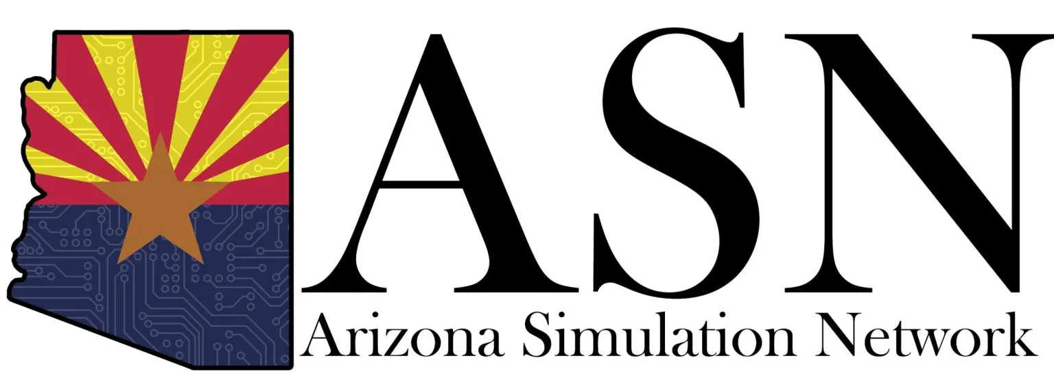 Logo for Arizona Simulation Network (ASN): outline of Arizona filled with the state flag and circuitry, beside bold ASN initials and 'Arizona Simulation Network' text