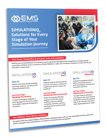 Tri-fold EMS SIMULATIONIQ brochure featuring blue and red branding; right panel shows a medical team in a simulation scenario.