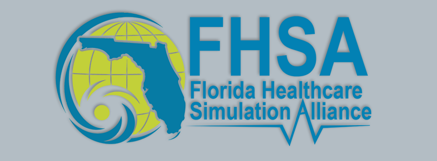FHSA logo featuring a blue Florida silhouette over a yellow globe with a swirling teal motif, and the text “FHSA Florida Healthcare Simulation Alliance” with a heartbeat line